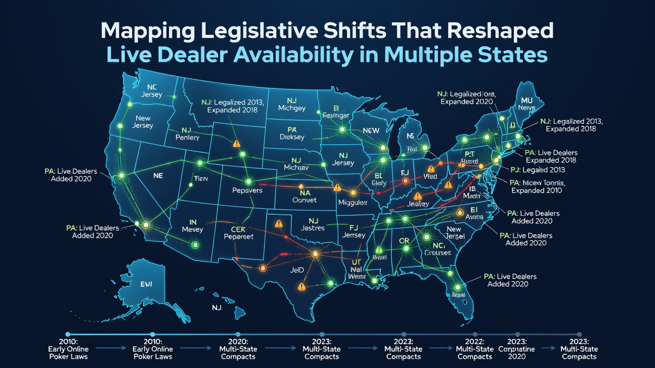 Legislative timeline map illustrating changes in live dealer availability across US states